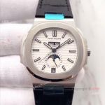 Swiss Patek Philippe Moonphase Replica Watch White Dial Black Leather Strap